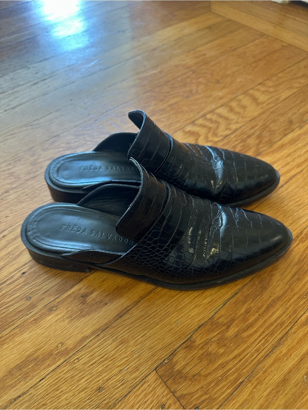 Freda Salvador Black Croc-Embossed Leather Slip-On Loafers